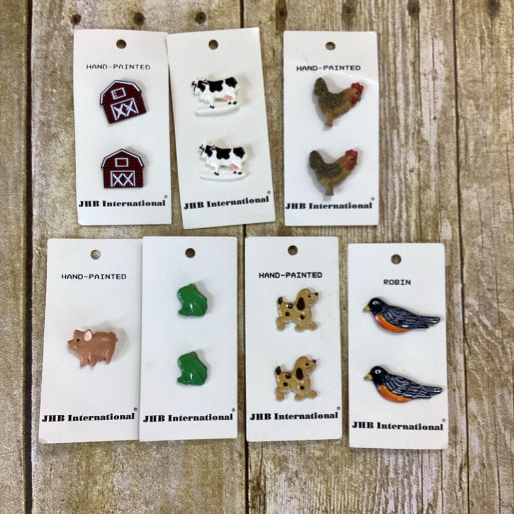 Vtg Buttons JHB International Lot Farm Hand Painted Barn Dog Frog Cow Rooster